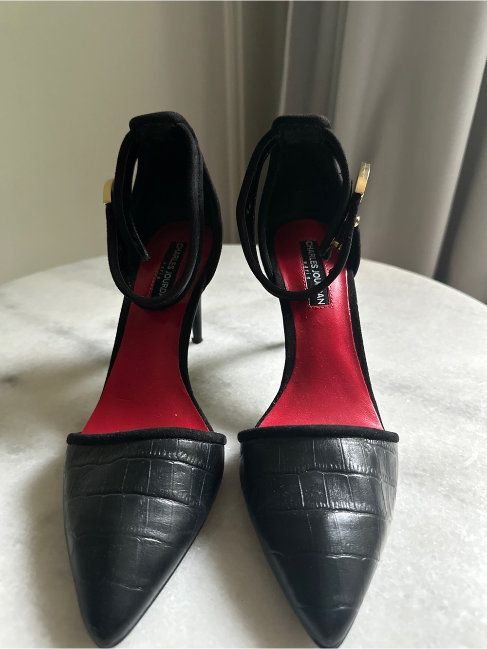 Charles Jourdan Black Croc-Effect Pointed Toe Ankle-Strap Heels